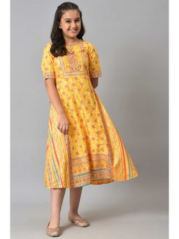Aurelia - Liva Yellow Floral Printed Festive Dress