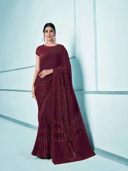 Odette - Maroon Lycra Saree with Unstitched Blouse