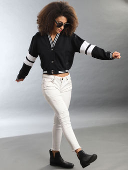 Campus Sutra - Women Black Solid Crop Sweatshirt