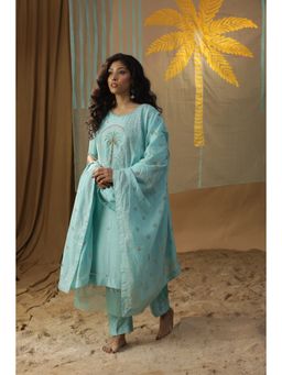 Arpita Sulakshana - Sky Blue Centre Palm Tree Kurta with Pants (Set of 3)