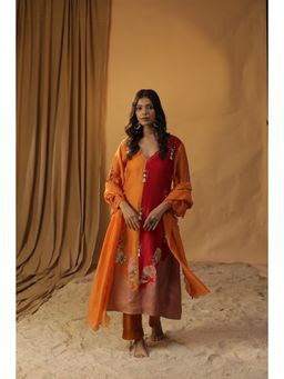 Arpita Sulakshana - Orange & Red Handpainted Chanderi Silk Suit (Set of 3)