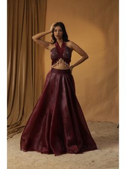 Arpita Sulakshana - Maroon Organza Lehenga Choli (Set of 3)