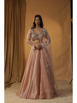Arpita Sulakshana - Peach Organza Lehenga Choli (Set of 3)