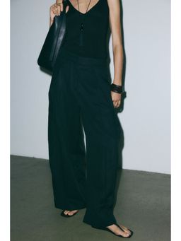 H&M - Women Black Crinkled Wrap-Detail Trousers