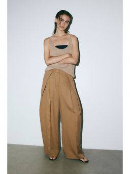 H&M - Women Beige Crinkled Wrap-Detail Trousers