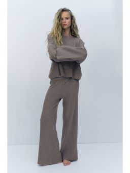 H&M - Women Beige Wide Rib-Knit Trousers