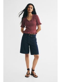 H&M - Women Red Tie-Detail Rib-Knit Top