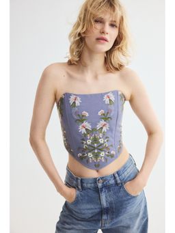 H&M - Women Purple Embroidered Linen-Blend Corset Top