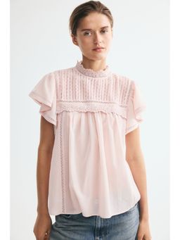 H&M - Women Pink Lace-Trimmed Flutter-Sleeved Blouse
