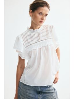 H&M - Women White Lace-Trimmed Flutter-Sleeved Blouse