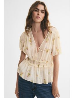 H&M - Women Beige Puff-Sleeved Peplum Blouse