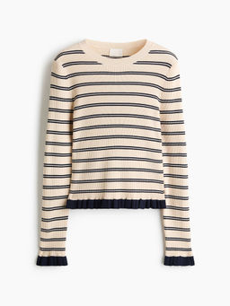 H&M - Women Beige Frill-Trimmed Rib-Knit Top