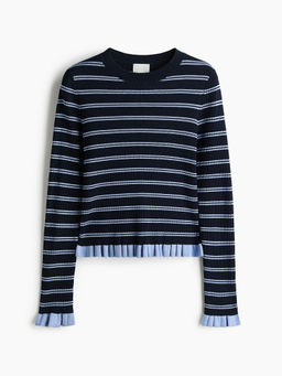 H&M - Women Blue Frill-Trimmed Rib-Knit Top