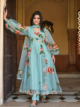 BLACK SCISSOR - Floral Printed Organza Anarkali Kurta with Dupatta (Set of 2)