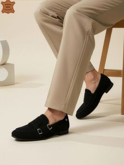 Carlton London - Men Premium Suede Double Monk-Strap Loafers - Black