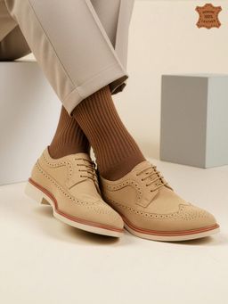 Carlton London - Men Premium Suede Wingtip Brogues With Lace- Beige