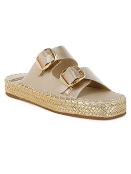 Rag & Co - Rag And Co Women Metallic Buckle Detail Espadrille Flatforms Heels - Gold