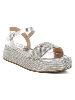 London Rag - Women's Rhinestone Embellished Flatform Sandals - Silver