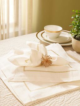 Pure Home + Living - White Linen Zari Embroidered Square Napkins (Set Of 4)