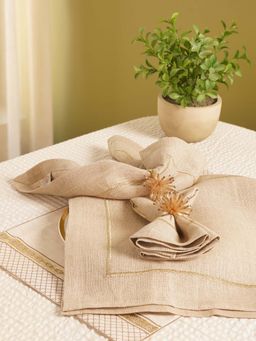 Pure Home + Living - Beige Linen Zari Embroidered Square Napkins (Set Of 4)
