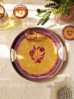 Pure Home + Living - Yellow Printed Round Faux Leather Serving Tray