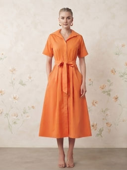 JAIPURRANG - Tangerine Orange Color Cotton Shirt Dress with Belt