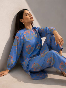 JAIPURRANG - Powder Blue Digital Print Floral Cotton Linen Co-Ord (Set of 2)