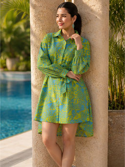 JAIPURRANG - Tiger Digital Print Shirt Style High Low Mini Dress with Belt (Set of 2)