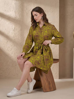 JAIPURRANG - Tiger Digital Print Shirt Style High Low Mini Dress (Set of 2)