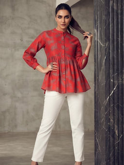JAIPURRANG - Animal Print Mandarin Collar Cotton Peplum Top
