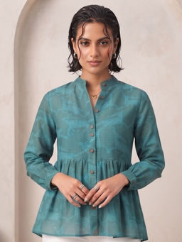 JAIPURRANG - Animal Print Mandarin Collar Cotton Peplum Top