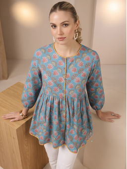 JAIPURRANG - Women Floral Printed Puff Sleeve Peplum Top