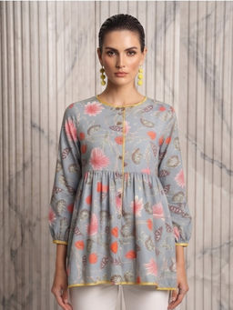 JAIPURRANG - Floral Print Puff Sleeve Peplum Top