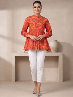 JAIPURRANG - Animal Print Mandarin Collar Cotton Peplum Top