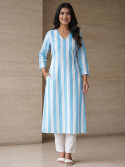 JAIPURRANG - Turquoise White Stripe V- Neck Kurta