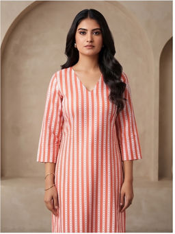 JAIPURRANG - Orange White Stripes V-Neck Straight Kurta