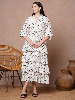 FASHOR - Polka Dot Printed A-Line Tiered Flared Layered Midi Dress - White