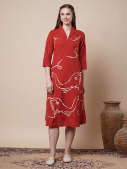 FASHOR - Solid Elephant Threadwork Embroidered A-Line Flared Midi Dress - Red