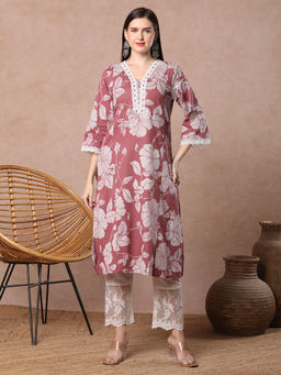 FASHOR - Ethnic and Floral Printed Straight Fit Cotton Flax Kurta - Pink