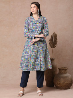 FASHOR - Ethnic Geometric Printed A-Line Angrakha Style Flared Kurta - Blue