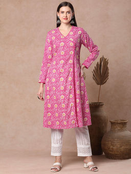 FASHOR - Ethnic Printed A-Line Angrakha Style Flared Kurta - Pink