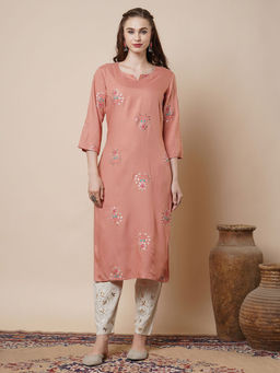 FASHOR - Solid Gota Patti & Resham Embroidered Straight Fit Kurta - Peach
