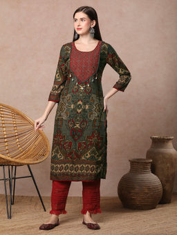 FASHOR - Ethnic Floral Printed & Cross Stitch Embroidered Straight Fit Kurta - Green