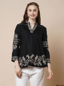 FASHOR - Solid Floral Cross Stitch Embroidered A-Line Short Kurti - Black