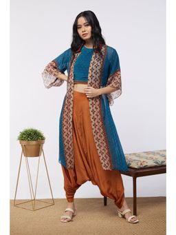Soup by Sougat Paul - Blue & Orange Elements Printed Crop Top and Dhoti with Jacket (Set of 3)