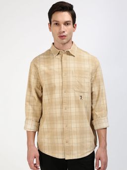 Tommy Hilfiger - Men Checks Cotton Beige Shirt