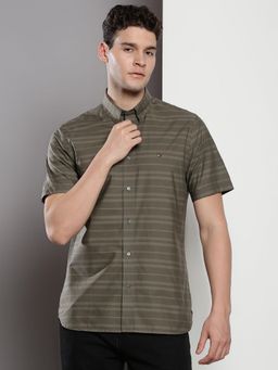 Tommy Hilfiger - Men Stripes Cotton Olive Shirt