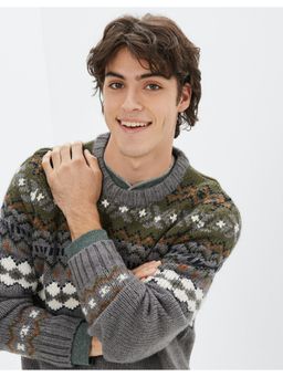 American Eagle - Mens Grey Super Soft Fairisle Crew Neck Sweater