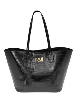 Cavalli Class - Women Textured Synthetic Tote Bag With Detachable Strap & Pouch - Black