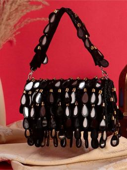 SWISNI - Black Embellished Mirror Flap Clutch Bag (M)